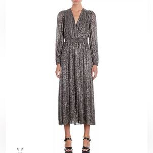 The Kooples Metallic Silver Pleated Midi Dress